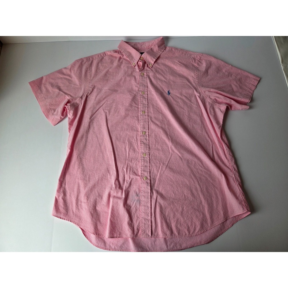 Ralph Lauren Polo Shirt Mens 2 Extra Large Pink White Plaid Short Sleeve Soft